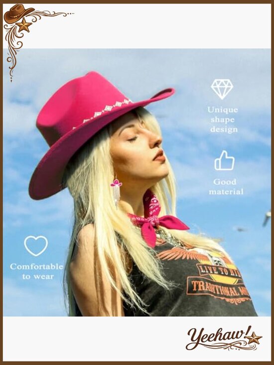 Wide Brim Cowboy Hat with Rhinestones, Bandana, and Tassel Earrings main image 4